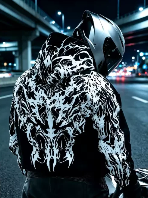 2026 Oversized Abstract Skull Flame‑Print Hoodie, Back‑Print Biker Hip‑Hop Pullover, Men Women Family Gift for Motorcycle Riders