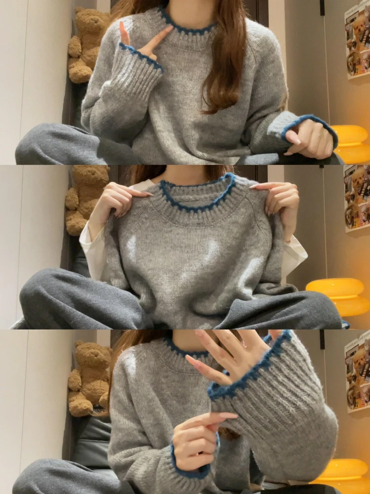 

Мягкий вязаный свитер с цветными блоками и круглым вырезом для женщин, осенне-зимняя новинка, удобный свободный крой, топ с длинными рукавами