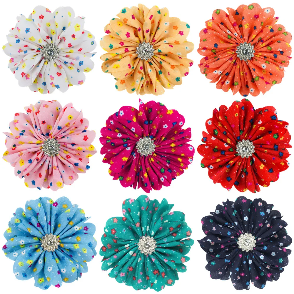 

100 Pcs/Lot, 3.15” Floral Print Ballerina Flowers With Rhinestone Center, DIY Fabric Flower For Headbands, Shoes Brooches