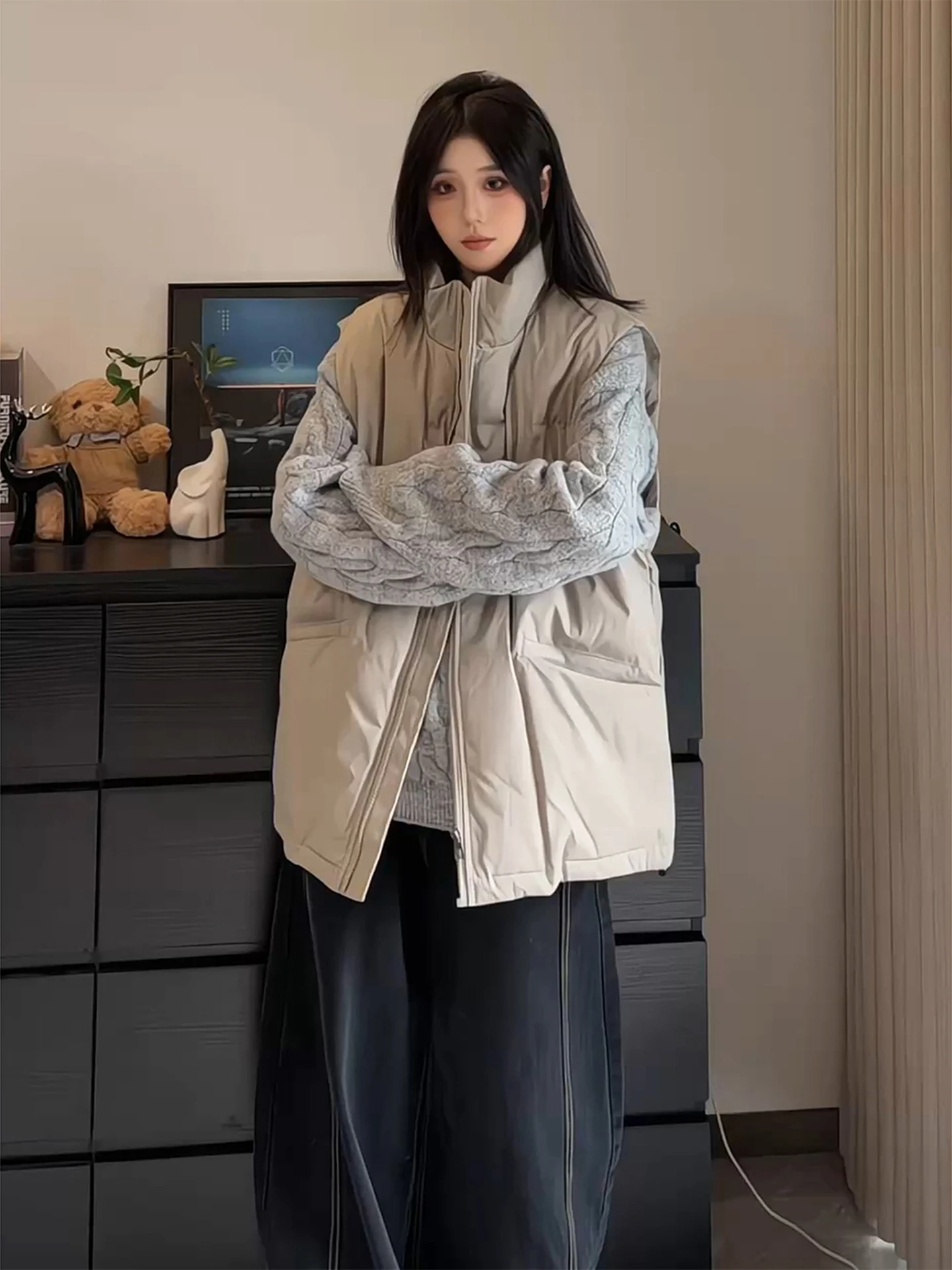 

Мужской утепленный пуховый жилет бежевого цвета, свободный крой, хлопковый, для многослойной носки, верхняя одежда, молодежный стиль, на молнии