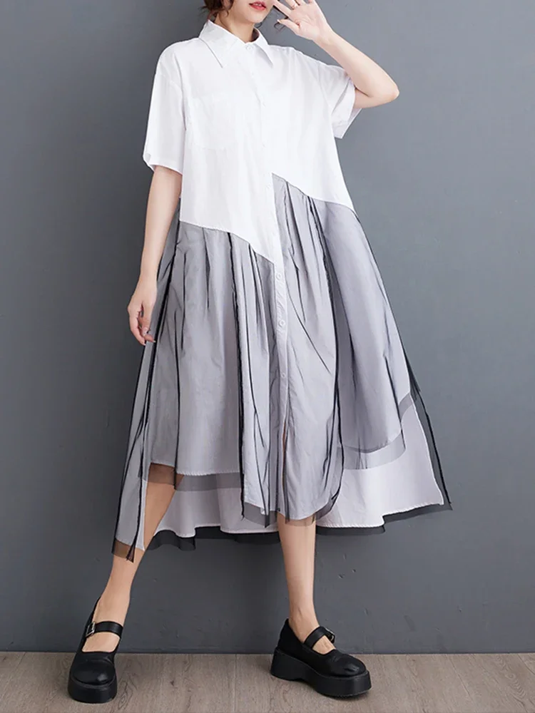 

XITAO Irregular Shirt Dress Simplicity Casual Mesh Patchwork Asymmetrical Hem 2024 Summer New Turn-down Collar Dress LYD1908