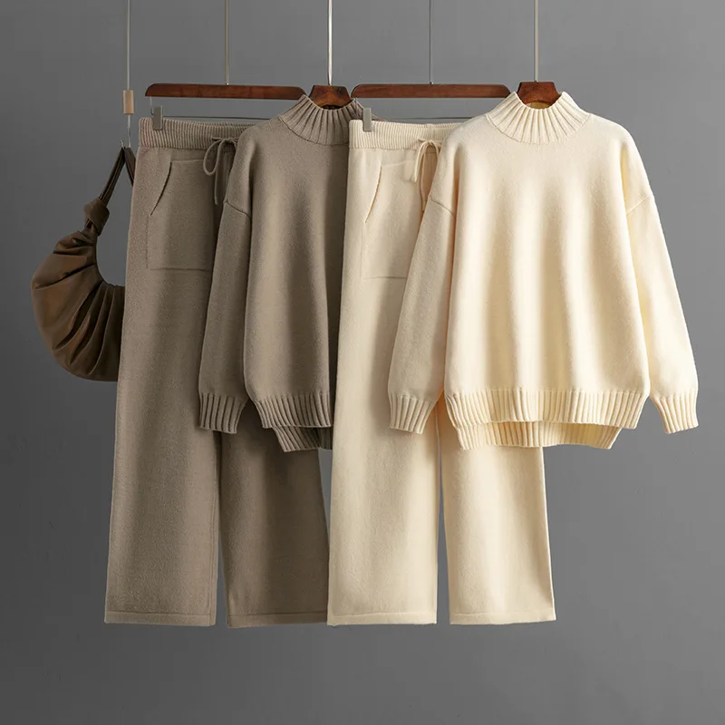 

2025 Winter Knit Set for Women Thickened Oversized Sweater with Half-High Neck Long-Sleeved Fashionable Two-Piece Set for Women