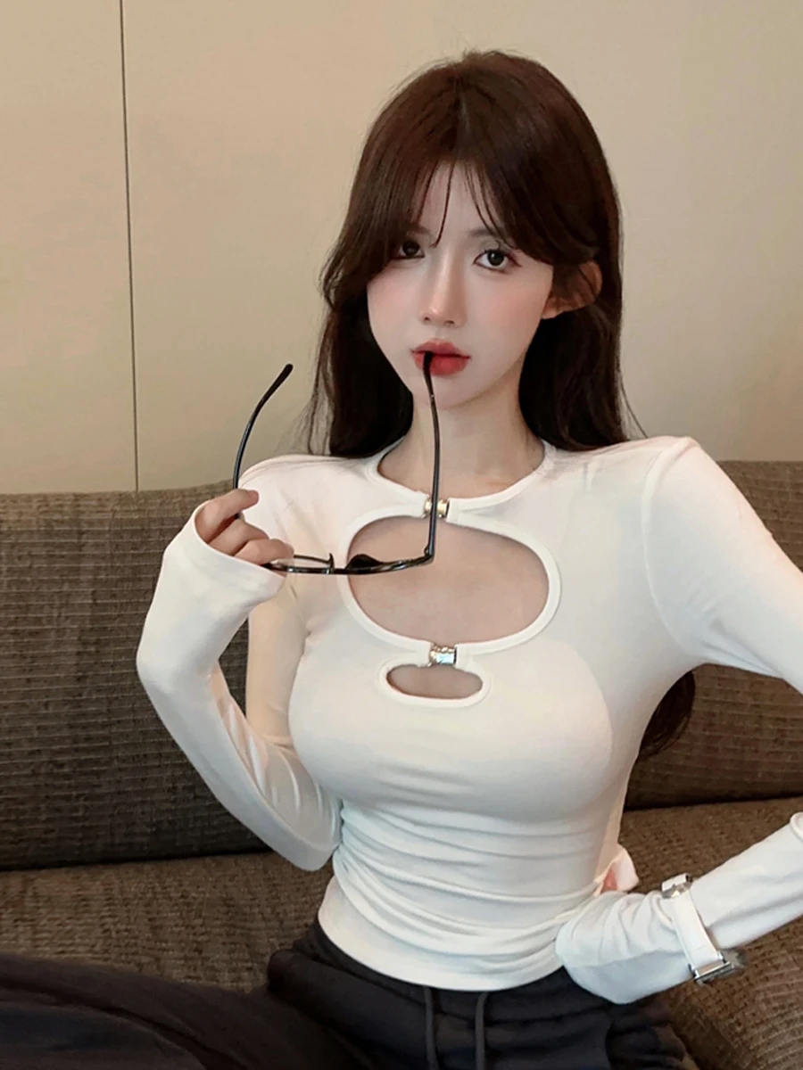 Sexy Hollow out round Neck Long Sleeve T-Shirt Slim Fit Base Shirt Pure Desire Atmosphere Girl Careful Mechanism