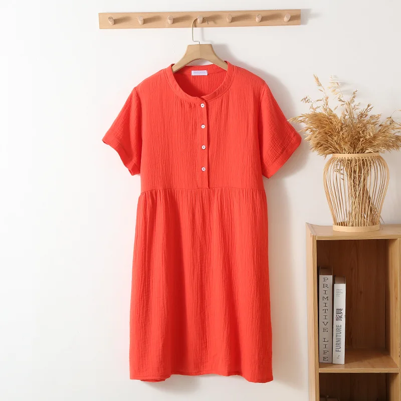 New Women Short Sleeve Crepe Gauze Four-button Long Skirt Nightdress Home Dress Round Neck Short Sleeve Nightwears for Ladies