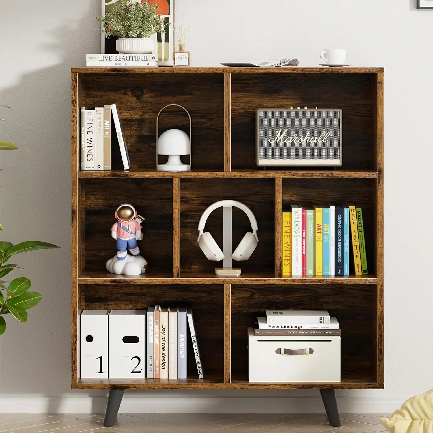 7 Cube 3 Tier Wooden Bookshelf with Legs, Storage Organizer Shelf for Bedroom Living Room Office, Brown, Customized