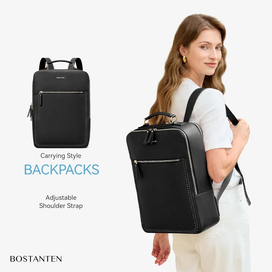 حقيبة ظهر جلدية من BOSTANTEN مقاس 15.6 بوصة حقيبة كمبيوتر محمول للسفر حقيبة ظهر كاجوال للكمبيوتر حقائب كتف للعمل الجامعي مع عربة