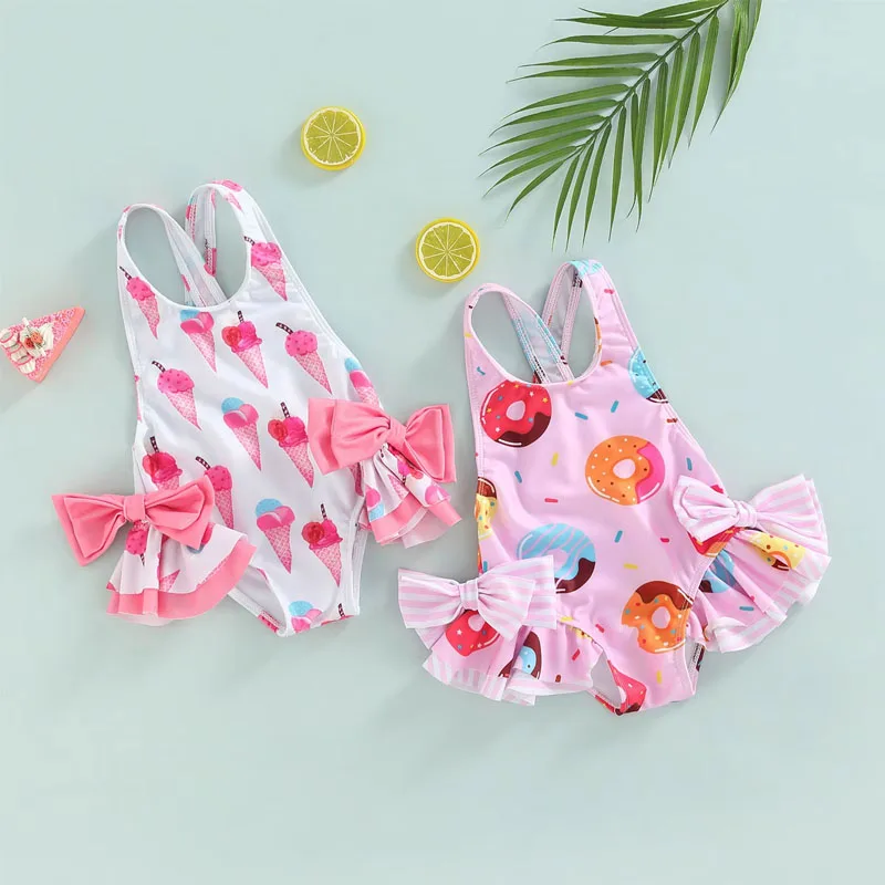 Toddler Baby Girls Swimsuit Princess Bowknot Sleeveless Ruffles Doughnut/Ice Cream Ruffles Fish Scale Print Swimwear 1-6Y