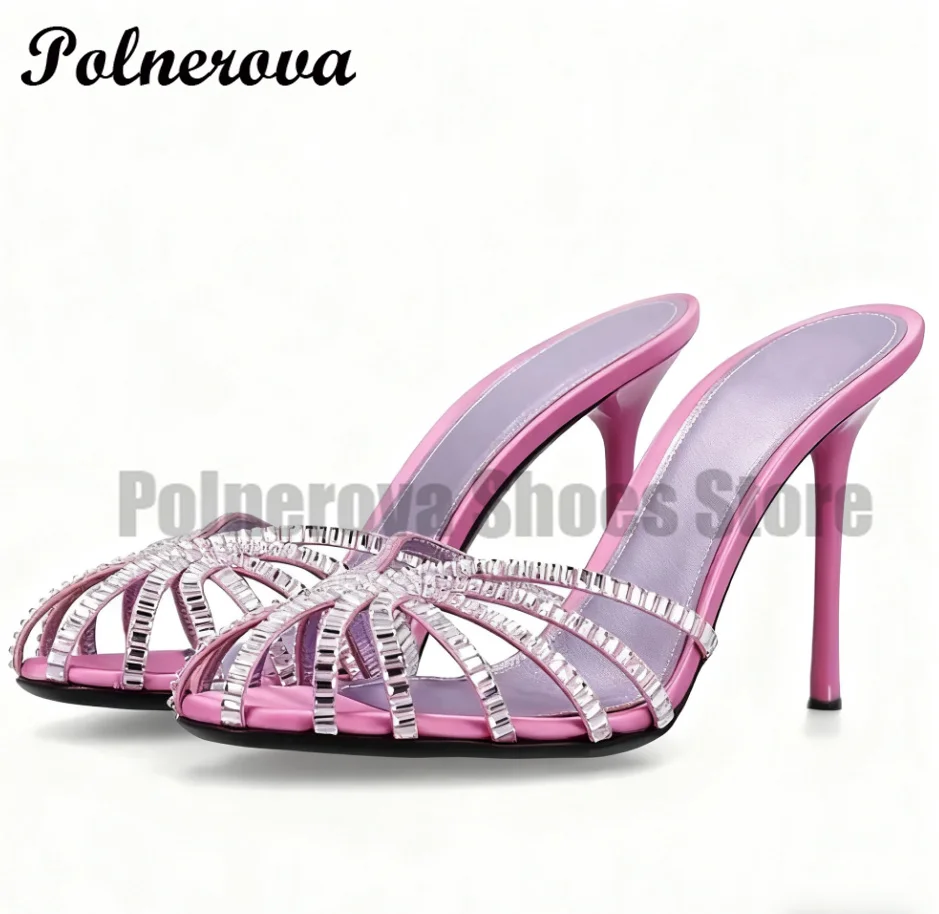 

Rhinestones Caged Stiletto Heels Slippers Hollow Out Slip On Mules Novelty Designer Elegant Ladies Party Zapatos Para Mujere