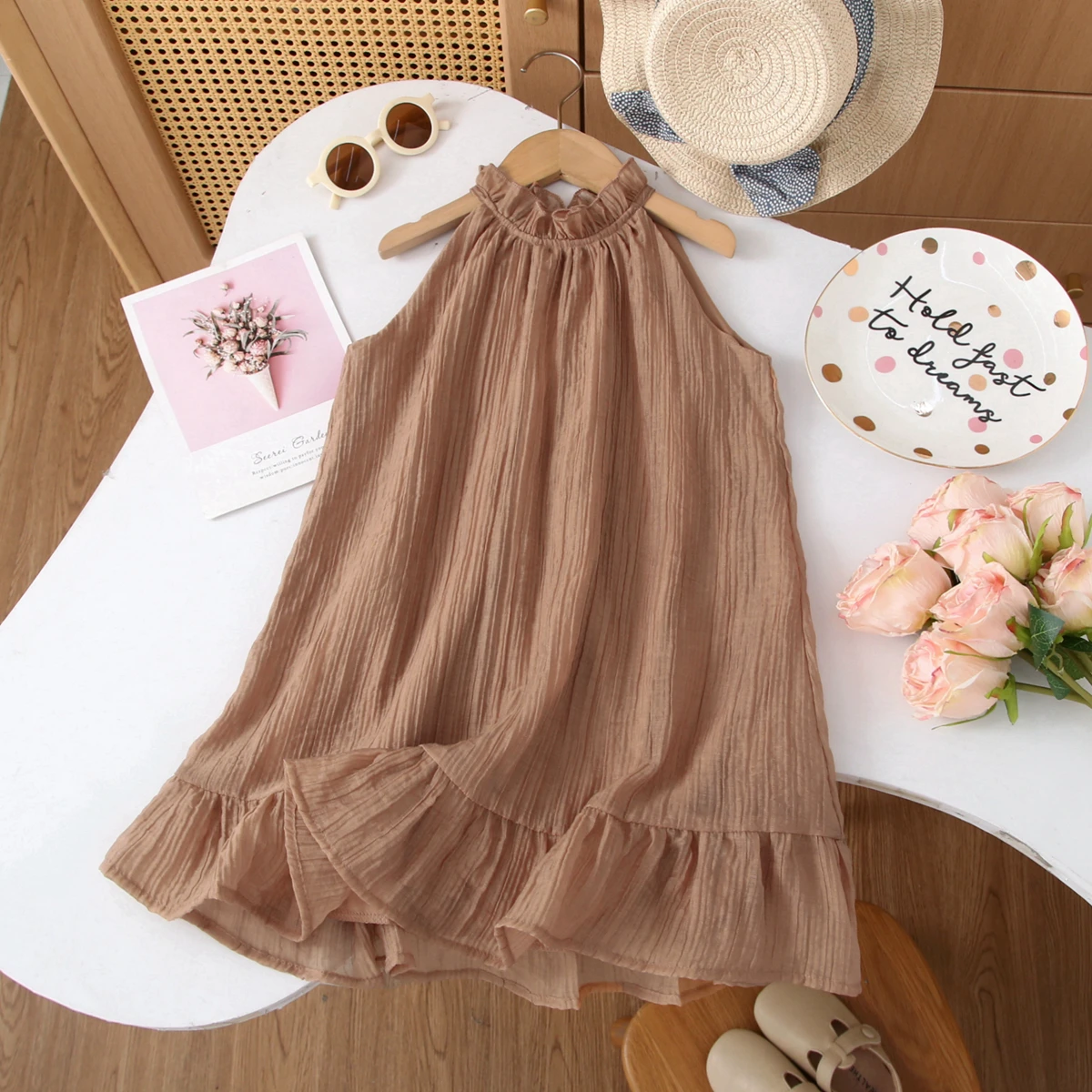 Girl Casual Dress New Fashion Sleeveless Hanging Neck Holiday Dress Children's Beach Dress  Girls Vestidos
