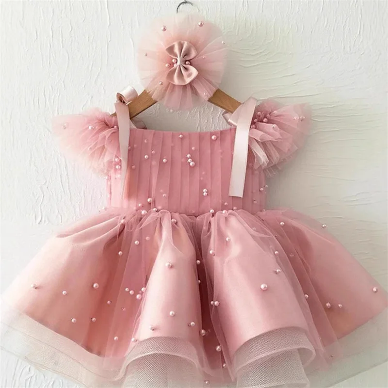 Kids Baby Princess Tulle Pearls Bow Flower Girl Dresses First Communion Dresses Birthday Christmas Gift Wedding Party Birthday