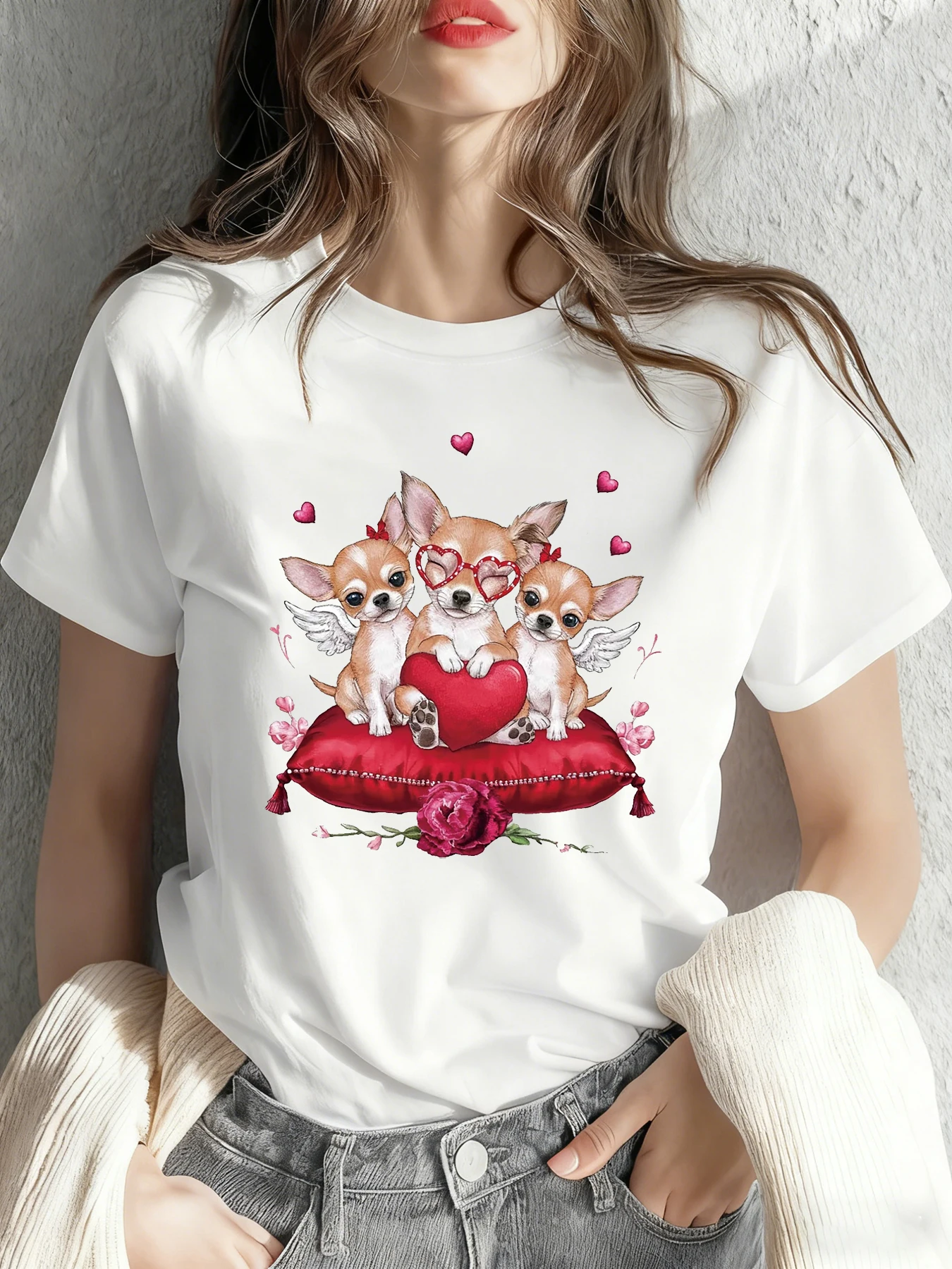 

Women's T-shirt Short Sleeve Cute Pet with Love Hearts Graphic Print Crew Neck Casual Top For Summer & Spring