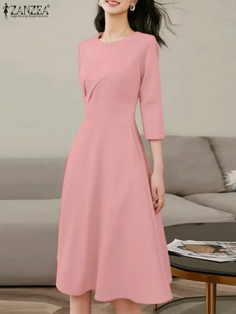 

ZANZEA Summer Gentle Vestidos Ruched 2024 Fashion Elegant O Neck Midi Dresses Solid Color 3/4 Sleeve Women Waisted Party Dress