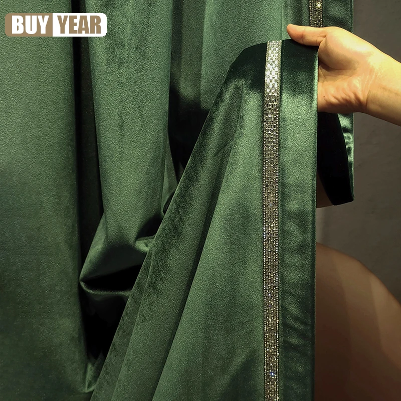 American Green Light Luxury Diamond Curtain Full Blackout New European Velvet Curtains for Living Dining room Bedroom Custom