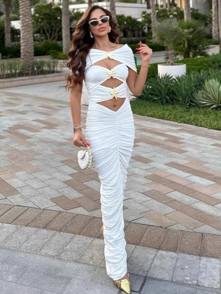 Abiti da donna sexy aderenti con taglio aderente Abito a maniche corte con scollo tondo pieghettato alla moda Abiti lunghi da festa eleganti in tinta unita da donna