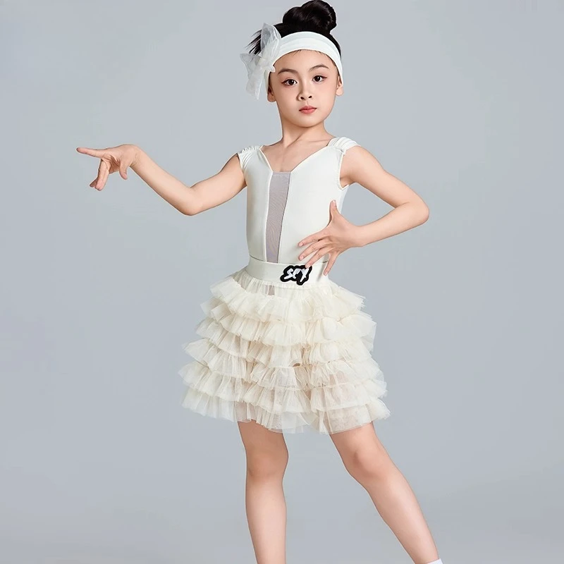 タンゴ サルサ サンバ ボールルームダンス パフォーマンス ステージ衣装 練習着 パフスカート 新しい夏のパフォーマンスセット 女の子用