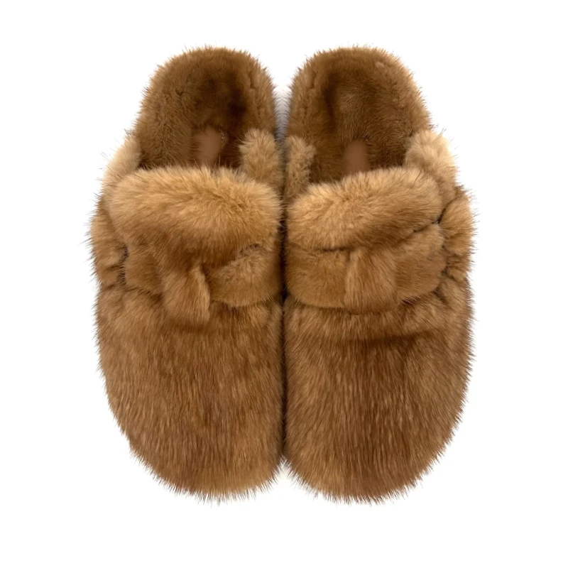 Real Leather Mink Fur Slippers Woman Luxury Flat Solid Color Horse Hair Round Toe Covered Toe Shoes Woman Designer Brand Casual