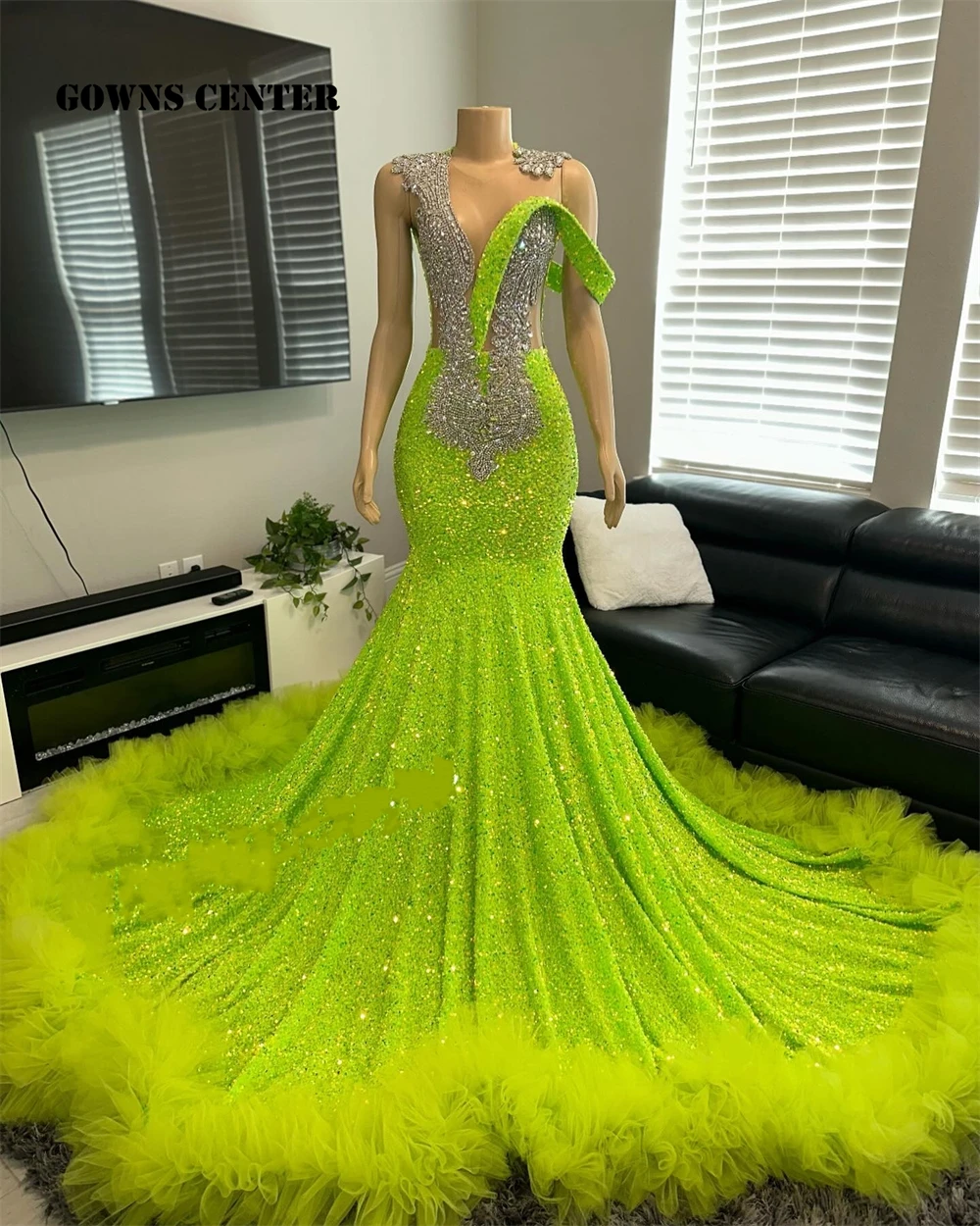 Vestido de baile de lantejoulas, trem ruched, verde fluorescente, strass prateado, vestido de casamento luxuoso, vestido formal, 2022