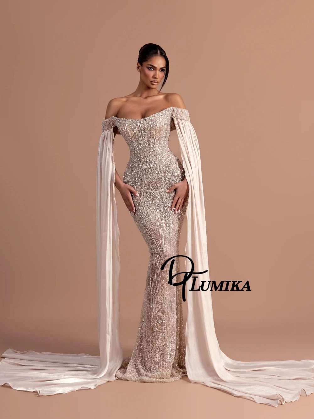 

DTLumika Delicate Sliver Crystals Evening Dress Off Shoulder Long Cape Mermaid Prom Gown Shiny Sequined Formal Party Galas Wear