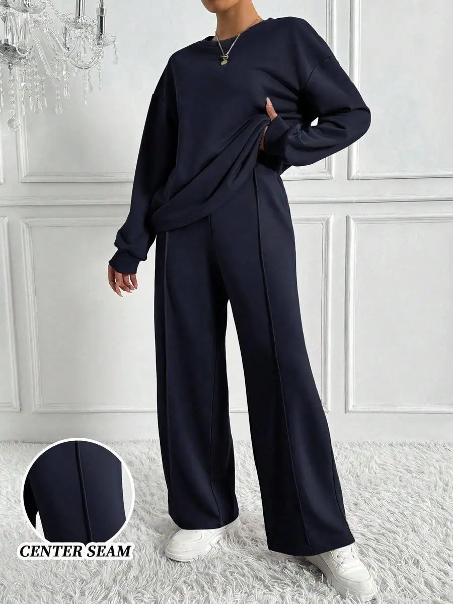 

Womens Round Neck Drop Shoulder Long Sleeve Sweatshirt And Wide Leg Sweatpants Set Casual Fall Outfit