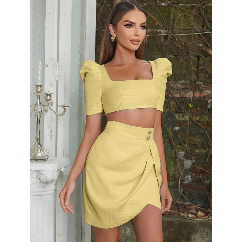 MSMUSI 2025 New Fashion Women Sexy Two Piece Set Bodycon Party Short Sleeve Top Button Fold Short Mini Skirt Set Suit Vestidos