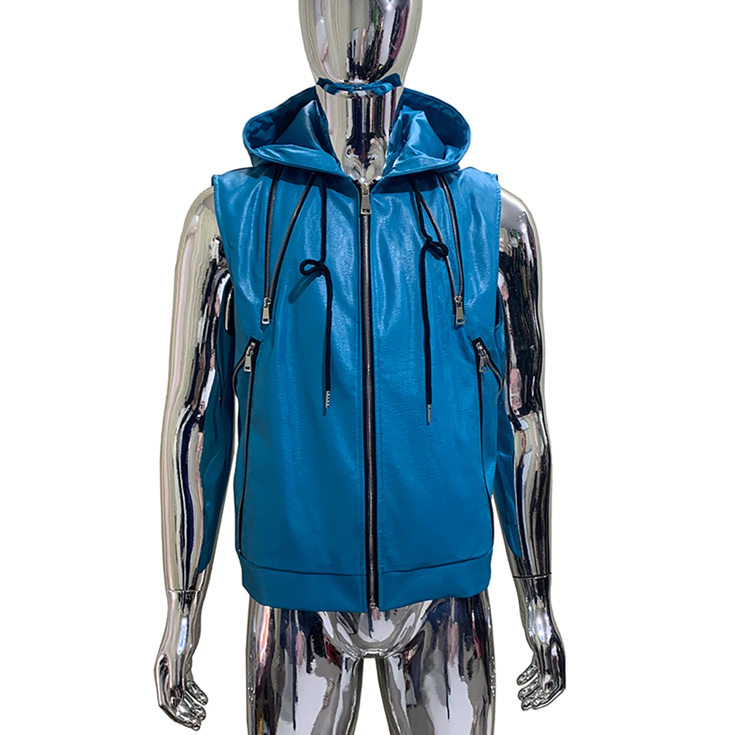 Nerazzurri Blue Hooded Short Sleeveless Leather Vest Men's 2026 New Style Standard Fit PU Leather Vest No  Professional...