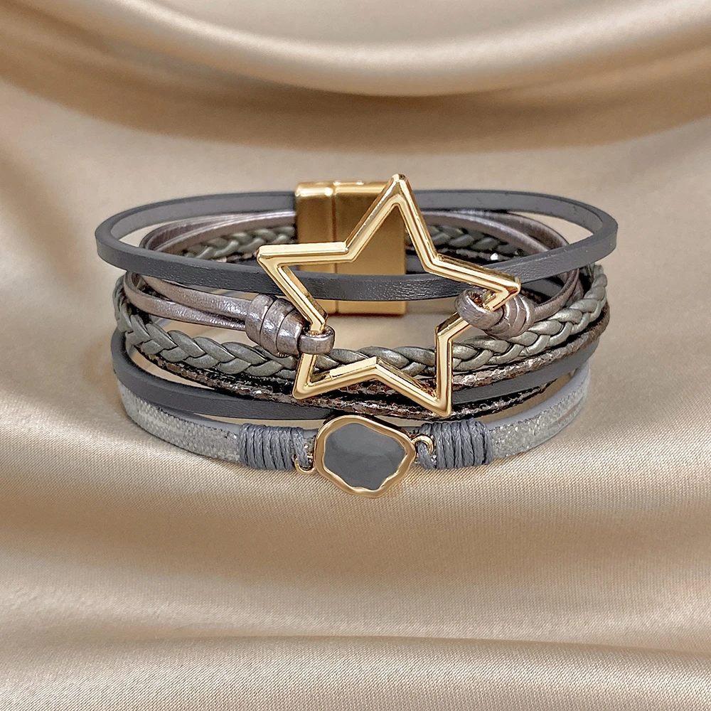 ALLYES Vintage Armband aus gewebtem Leder mit ausgehöhltem Stern für Damen, klobiges Boho-Mehrschicht-Armband, breites Wickelarmband, Charm-Schmuck – Detail 8