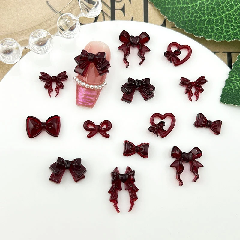 20Pcs Wine Red Resin Bow Nail Charm Bulk Mix Size 3D Ribbon Bowkont Mini Kawaii Nail Art Accessories DIY Cute Nails Decorations