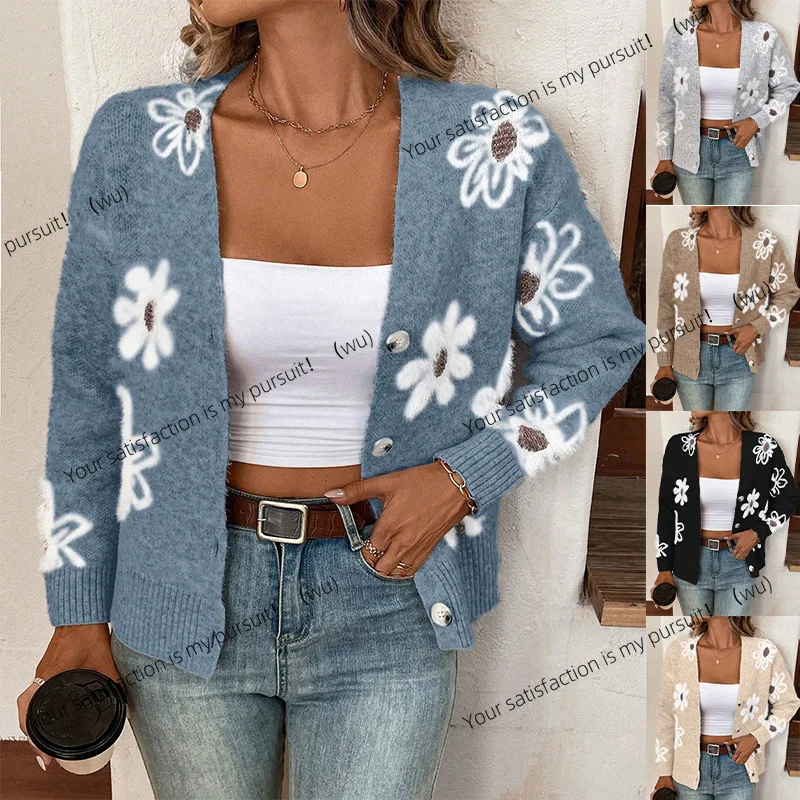 

Вязаный короткий жакет на пуговицах в европейском и американском стиле с цветочным узором