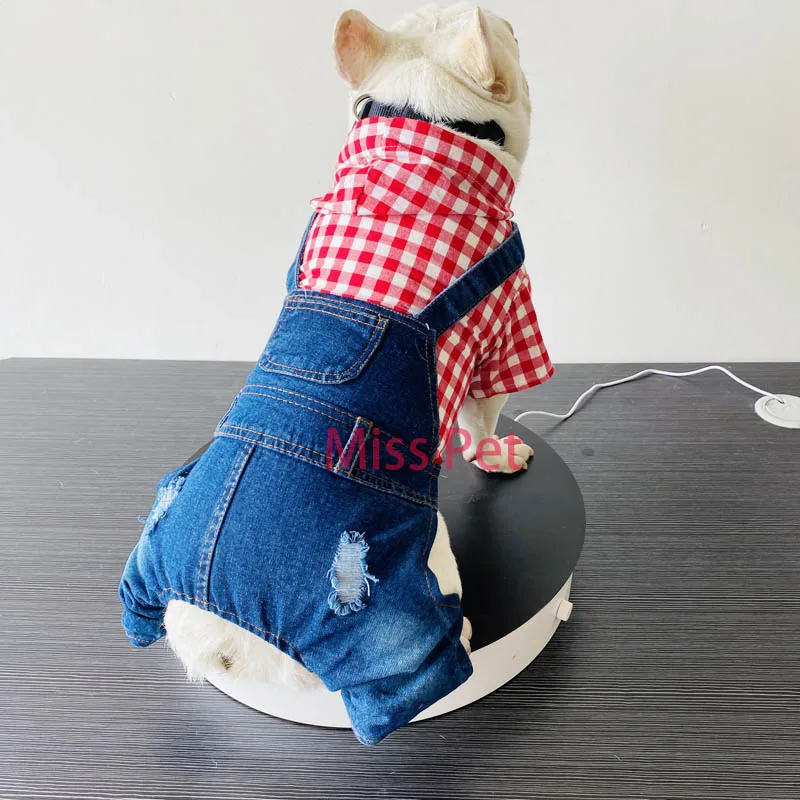 Dog Denim Jumpsuits Striped Plaid Puppy Cat Hoodie Overalls Yorkie French Bulldog Clothes Jean Jacket Pet Outfits for Small Dogs