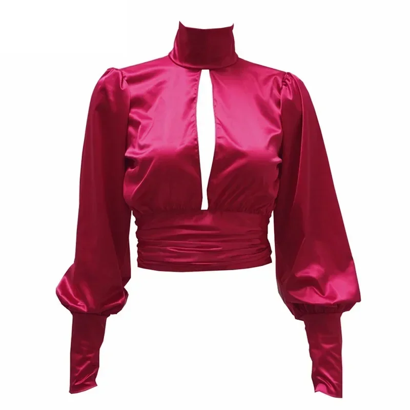 Women Blouse Satin Top Long Sleeve Sexy Hollow Out Backless Shirts Y2k Vintage Spring Summer Solid Women Clothing Turtleneck Top