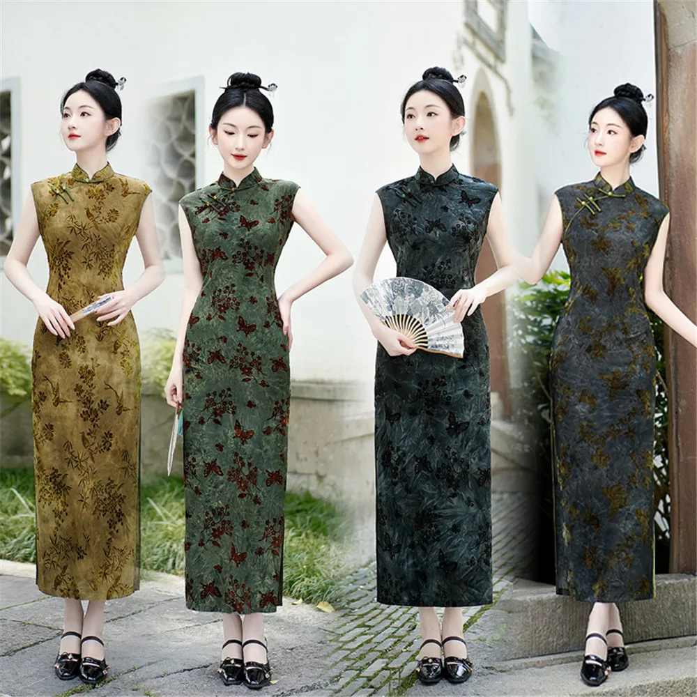 

Traditional Women Flocking Cheongsam Sexy Sleeveless Chinese Style Evening Dresses Long Qipao