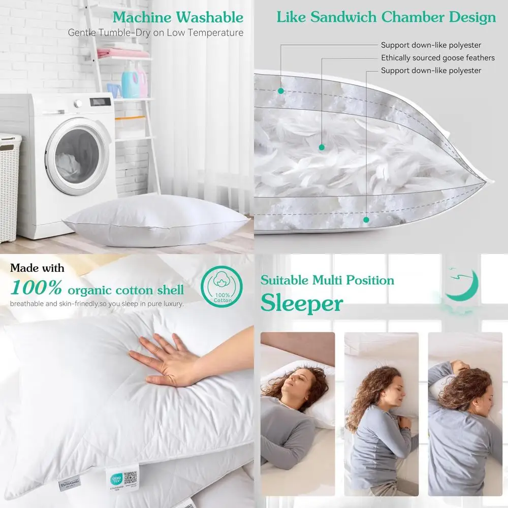 

Комплект подушек King Size из хлопка и пера, 600 нитей, средней жесткости, белый однотонный