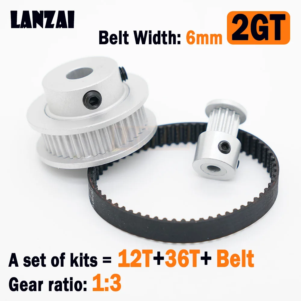 LANZAI 2GT Timing Belt Pulley kit, Set roda katrol 12 gigi rasio 1:3 lebar sabuk 6mm Aluminium GT2 12 T 36T untuk Printer 3D