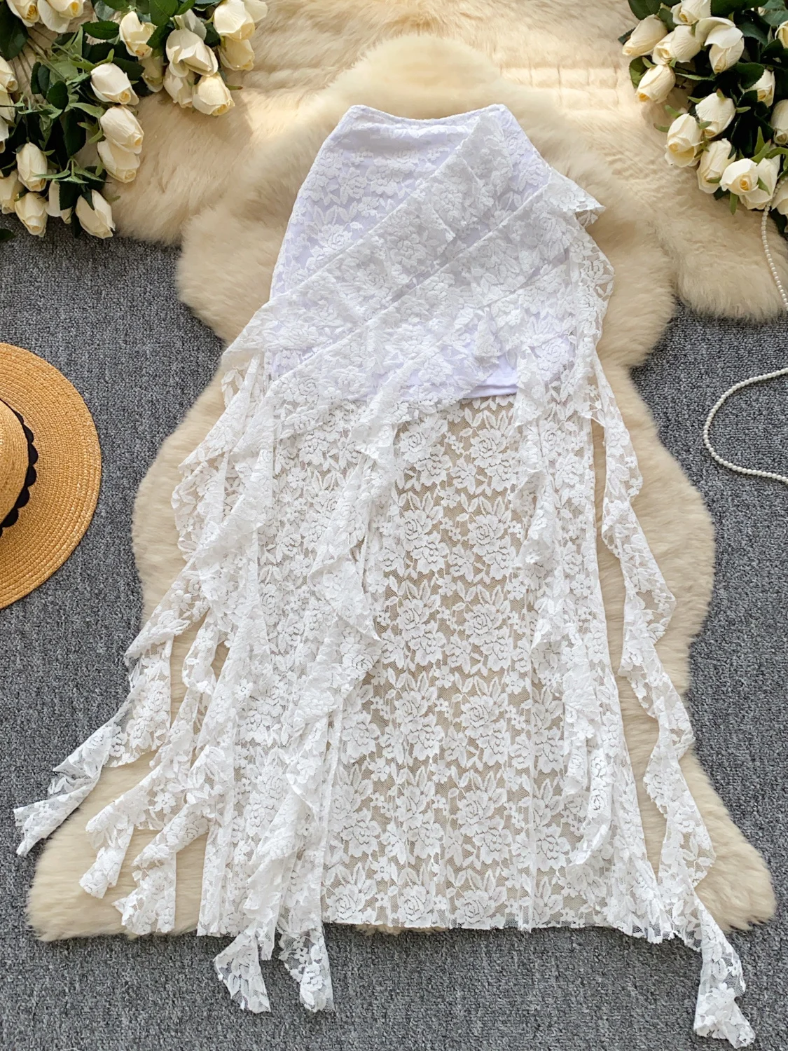 

Ele Lace Skirt Women's High Waist A-Line Midi Skirt Hollow out Slit Design Summer Commute Sle Korean Faion