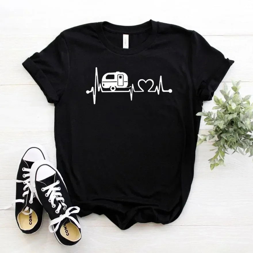 Y2k Short Sleeves Sunmmer T Shirt 2024 Happy Camper Heartbeat Cotton Tops Casual Hipster Funny Gift Lady Yong Girl  Cotton Tee