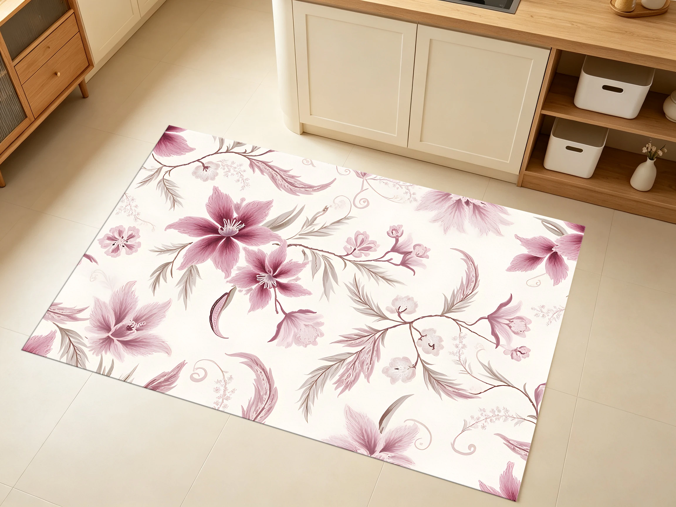 2D Large Rug with Off-White Background, Soft Pink Watercolor Floral Pattern, Light French Style, Comfortable to Walk On, for