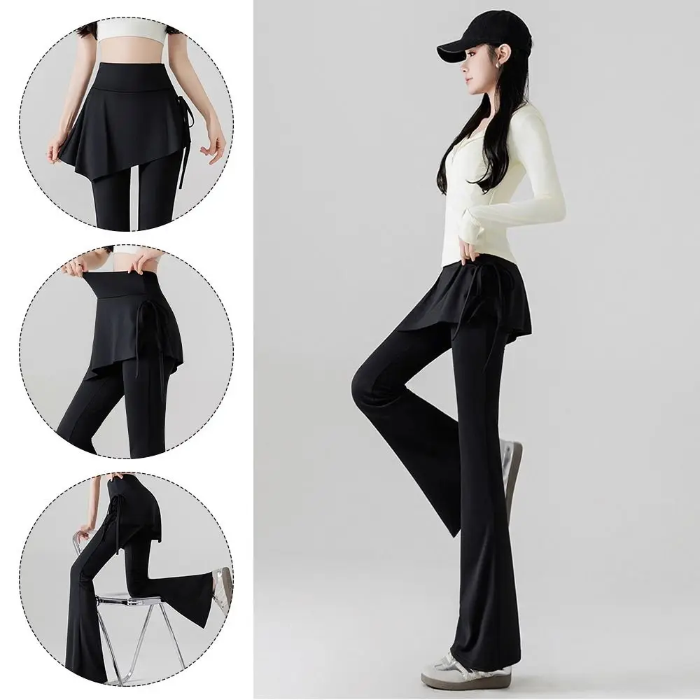 

Stretch Fabric Flared Skirt Pants Slimming Design Tummy Control Yoga Leggings Drawstring Waist Anti-Light High Waist Leggings