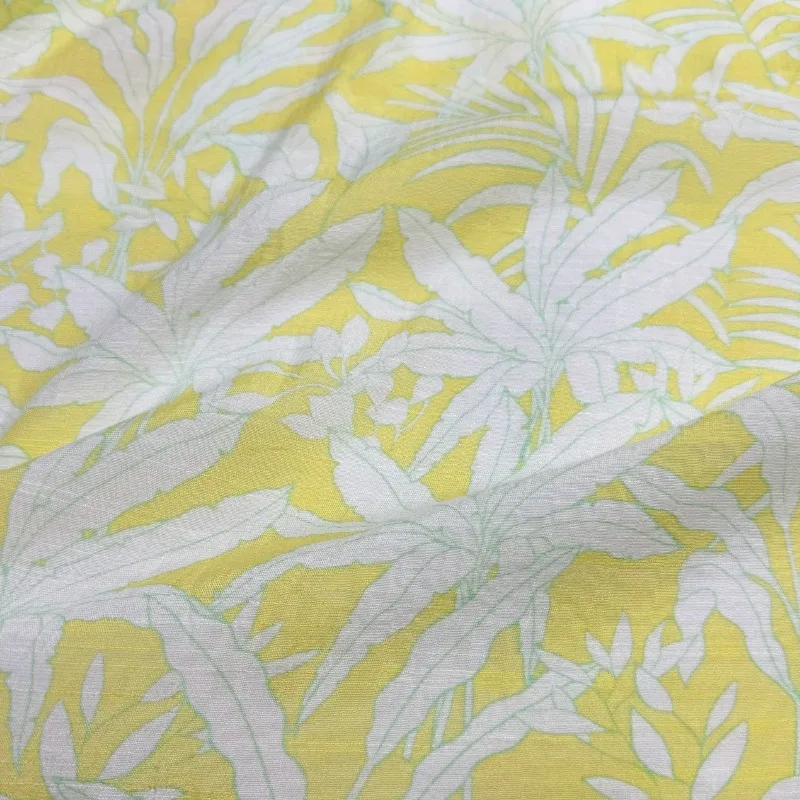 Wrinkle Resistant Drapey Linen Texture Fabric Light Yellow Floral Print Lightweight Breathable Shirt Top Dress Skirt DIY Sewing