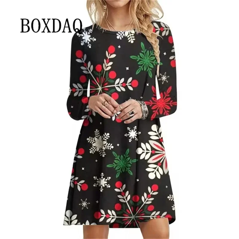 Winter New Women Dress Festival Christmas Party Mini Dress Snowflake Print A-Line Dress Autumn Casual Long Sleeve Femme Robe