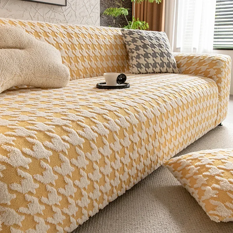 Cozy Houndstooth Check Velvet Sofa Cover All Inclusive Anti-Skid Seat Cushion Furniture Protection Slipcover for Living Room