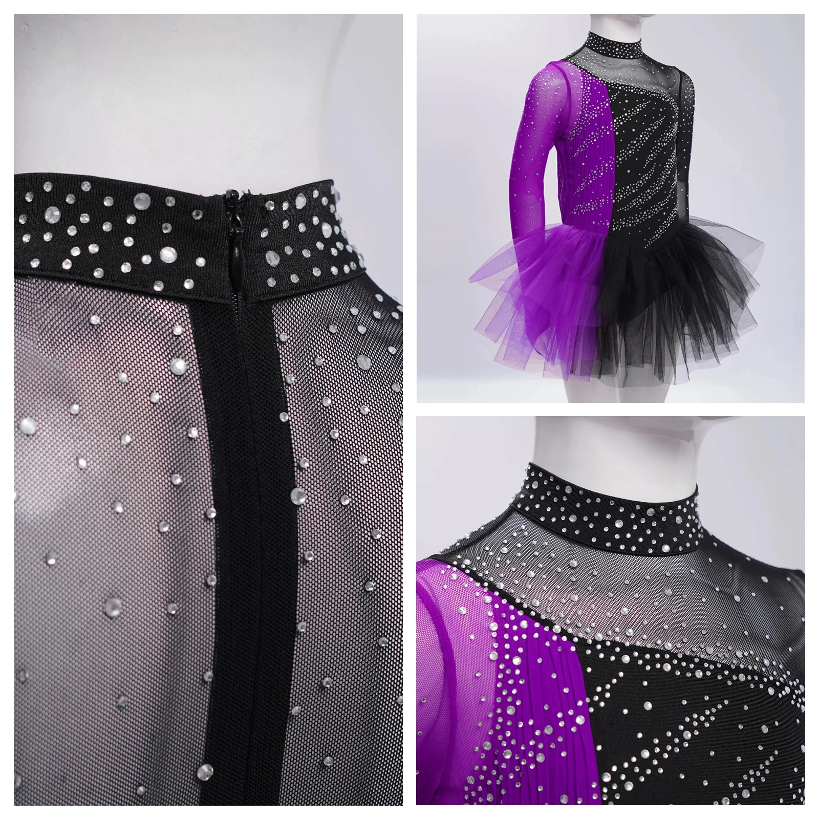 Kids Girls Long Sleeves Figure Skating Dresses Rhinestones Patchwork Ballet Tutu Dance Leotard Dress Stage Performance Costume