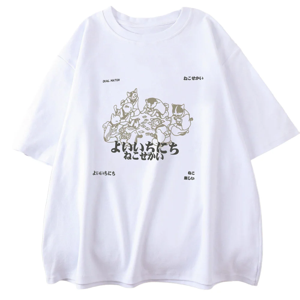 

Japanese Kanji Cat Girl T-shirt 2025 Summer Short Sleeved Men's Women's T-shirt Street Wear Cotton Kawaii Pattern T-shirt Cute