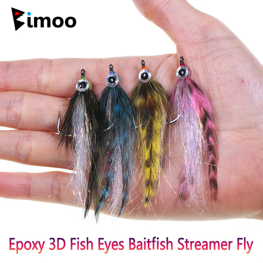 Bimoo 4pcs #1 Epoxy 3D Fish Eyes Baitfish Streamer Fly Grizzly Saddle Hackle Minnow Fly Saltwater Pike Trout Bass Fishing Lures