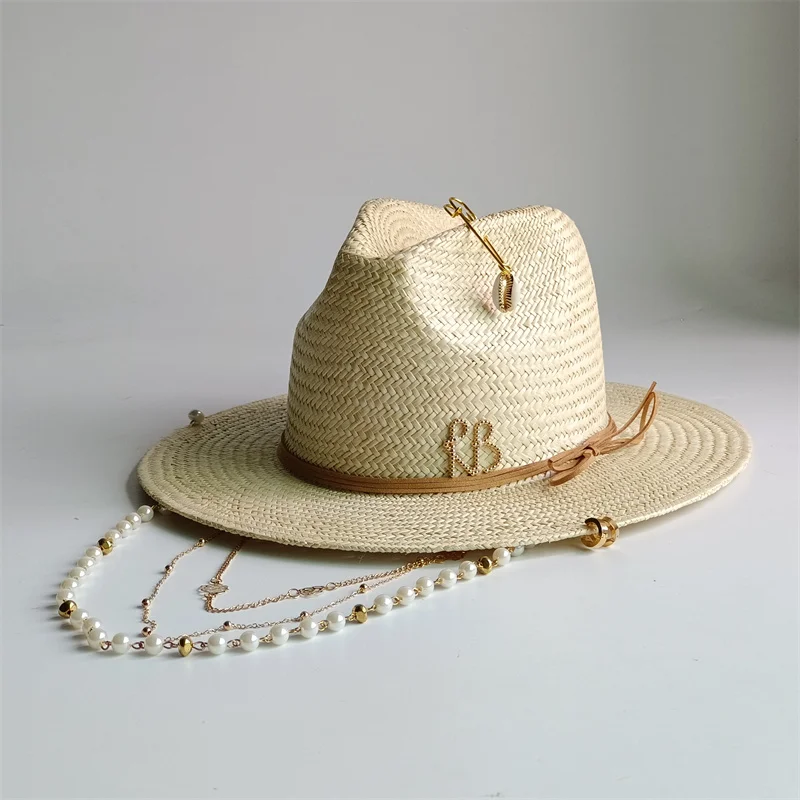 Women's Cap Sisal Straw Hat DIY Personalized Handmade Hat featuring Pearl Chain Flat Top Sun Hat New Style Lettering Design