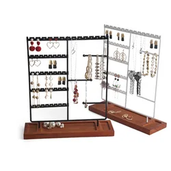 Metal Earring Storage Display Holder Necklace Rings Bracelet Jewelry Storage Shelf Organizer Shelf Rack Wooden Base Tray
