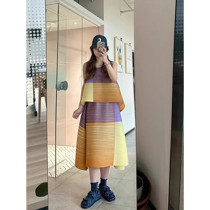 Miyake Design Sense Loose Pleated Top High Waist Half-body Skirt Two-piece Fashion Casual Hundred Women's Suit 2025 Summer New
