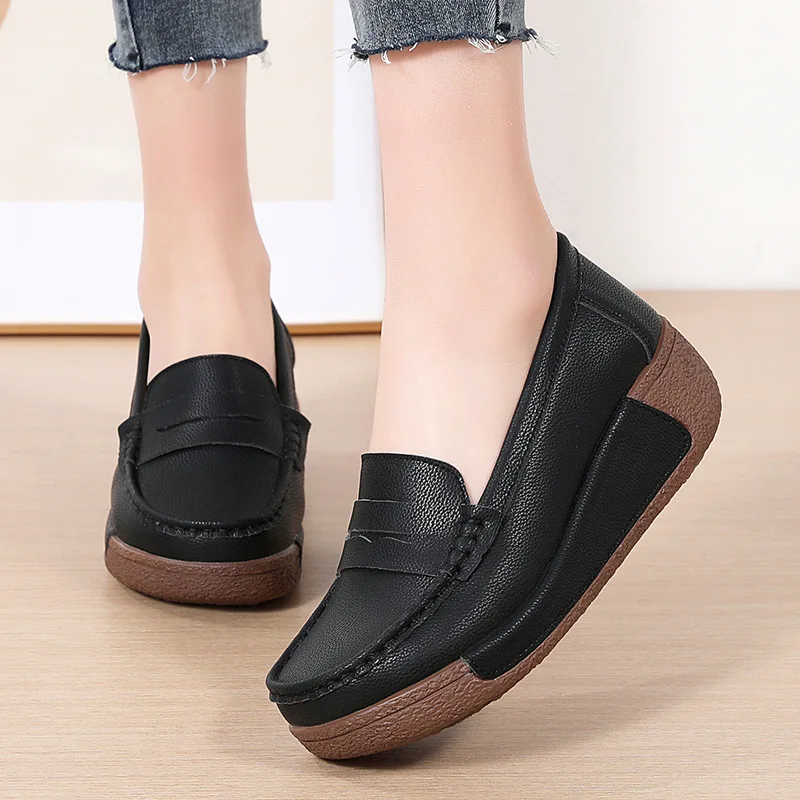 High Heel Women Shoes 2024 Women Genuine Leather Casual Shoes Breathable Fashion Waterproof Wedges Platform Shoes Women Sneaker