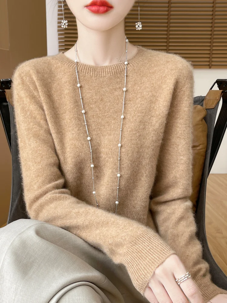 Suéter de lana merina de 100% para mujer, jerséis con cuello redondo, prendas de punto de Cachemira suaves y cómodas, Tops con parte inferior Base para mujer