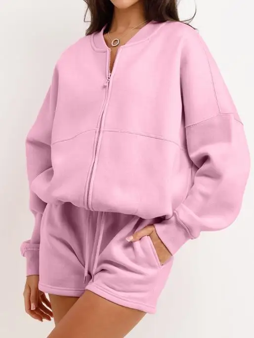 

Женская осенне-зимняя толстовка на молнии с длинными рукавами, куртка и шорты, повседневный комплект из двух предметов на каждый день