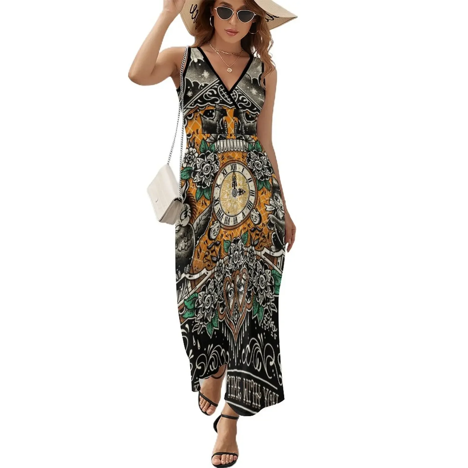 

Keeping Time Halloween Style Cuckoo Clock Cute Tattoo Flash Sleeveless Dress women dress Bride dresses Dress